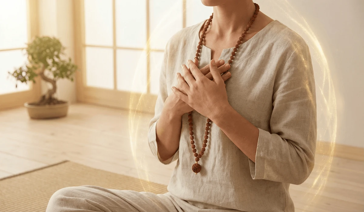 A person wearing a Rudraksha mala necklace with a visual representation of a protective golden energy shield.