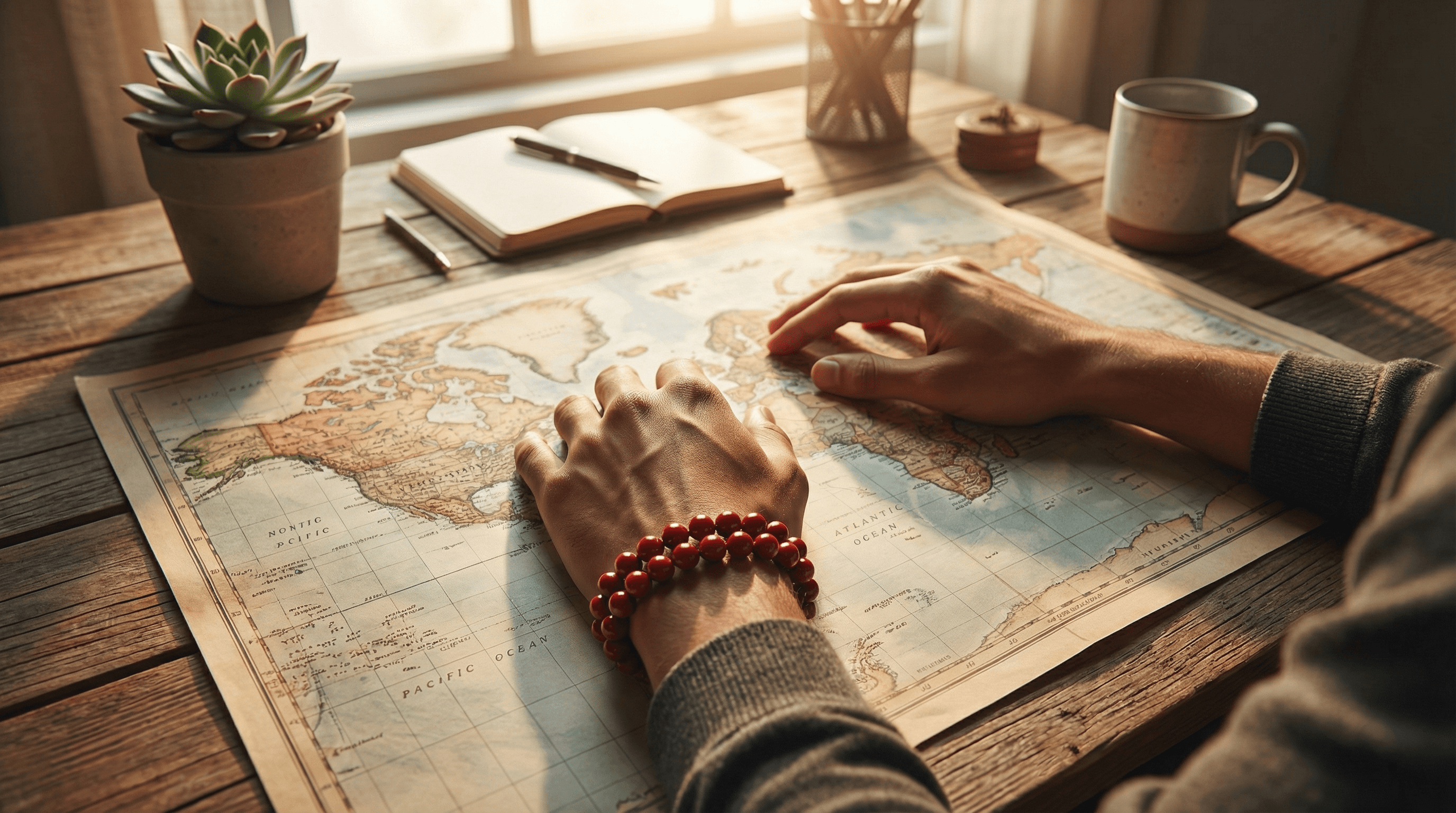 A person wearing a Red Jasper grounding bracelet on their left hand to receive stability and protective energy during daily tasks.