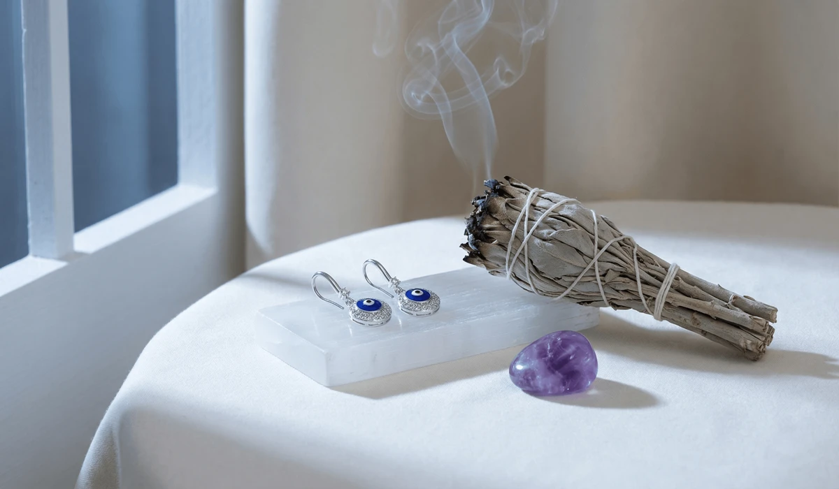 Cleansing_and_charging_Evil_Eye_earrings_with_sage_smoke_and_moonlight_for_spiritual_protection.