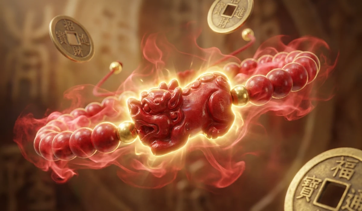 Artistic representation of a Cinnabar Pixiu surrounded by gold coins and glowing red energy, symbolizing wealth attraction and spiritual protection.