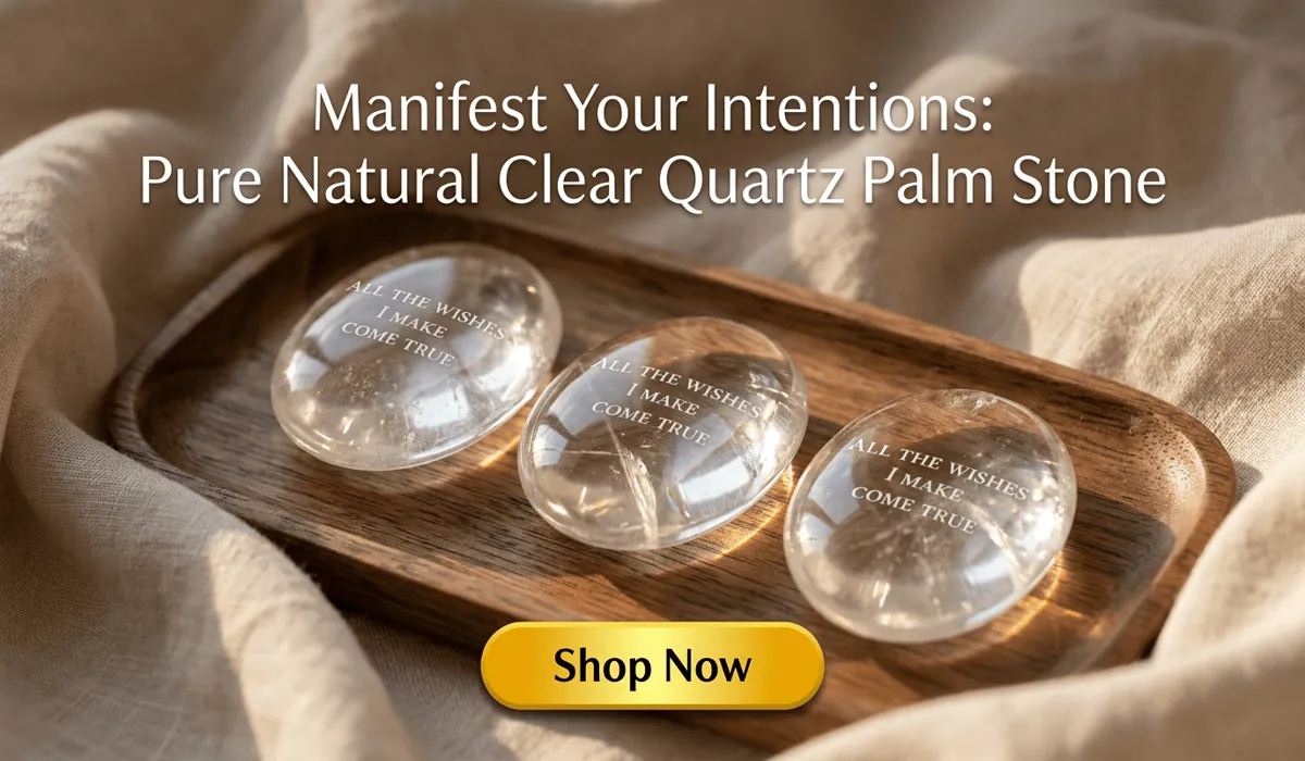 Natural high-clarity clear quartz palm stone engraved with All The Wishes I Make Come True resting on wood tray for meditation and manifestation