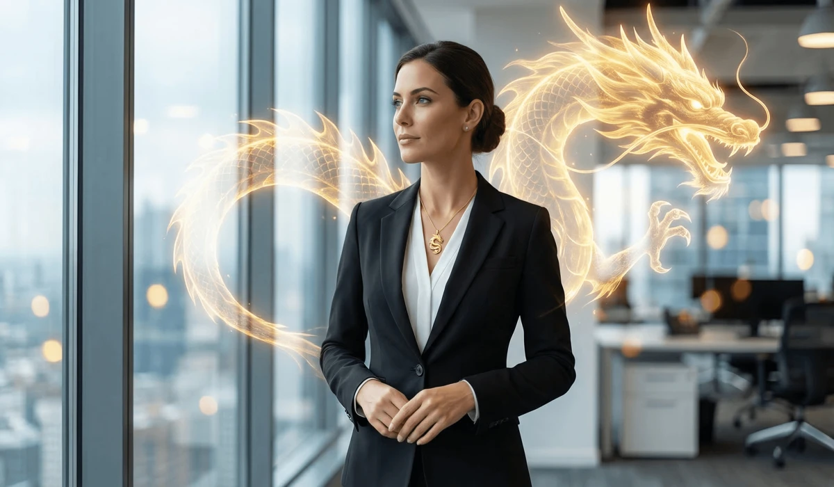 A woman wearing a dragon necklace for confidence and career success in a professional setting.