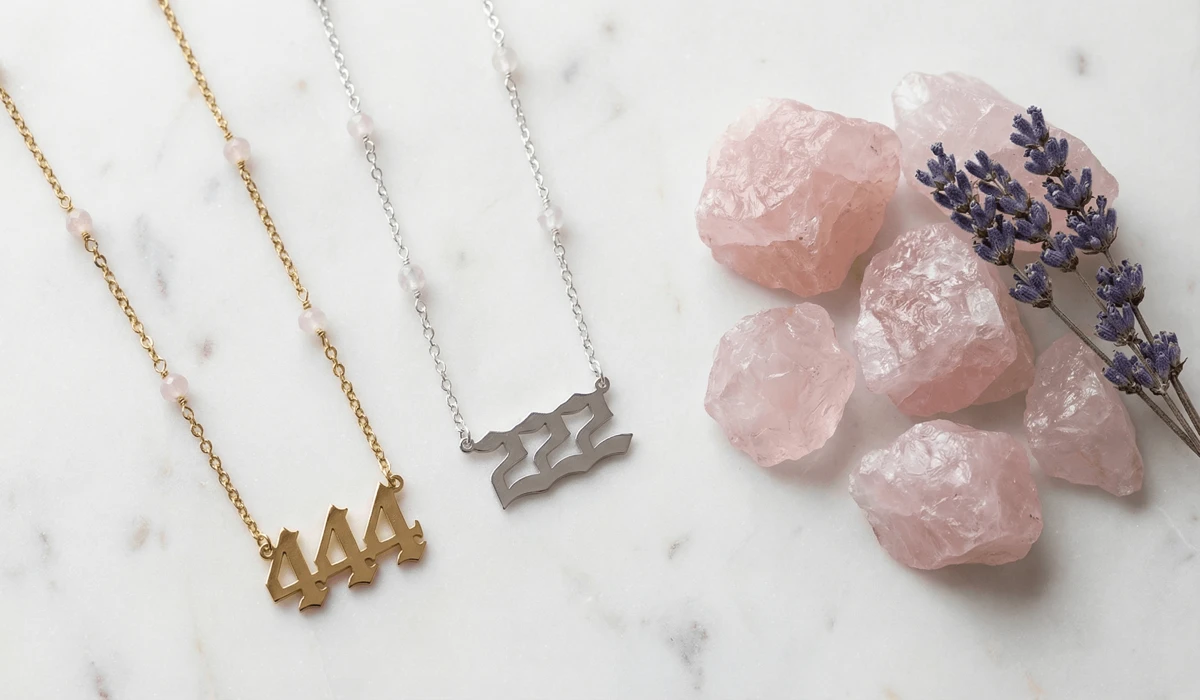 Angel number jewelry including 222 and 444 pendants styled with rose quartz for self-love and protection.