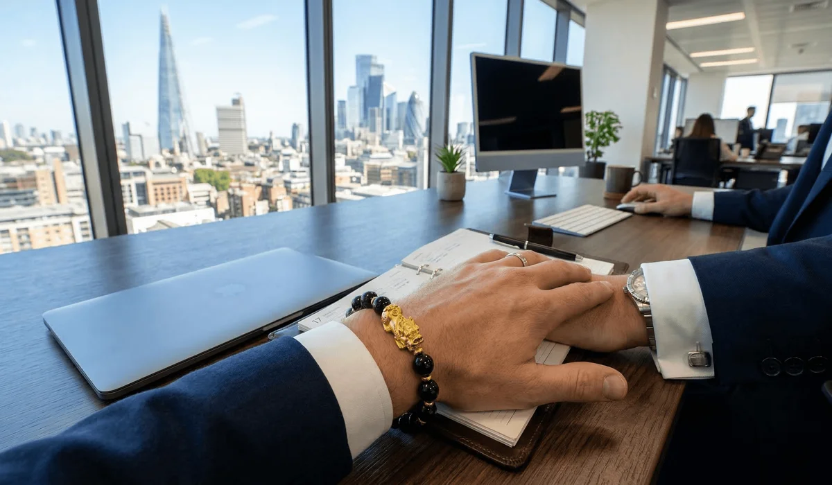 Man wearing a Feng Shui wealth bracelet on his left hand in a modern office setting, following traditional wearing rules.
