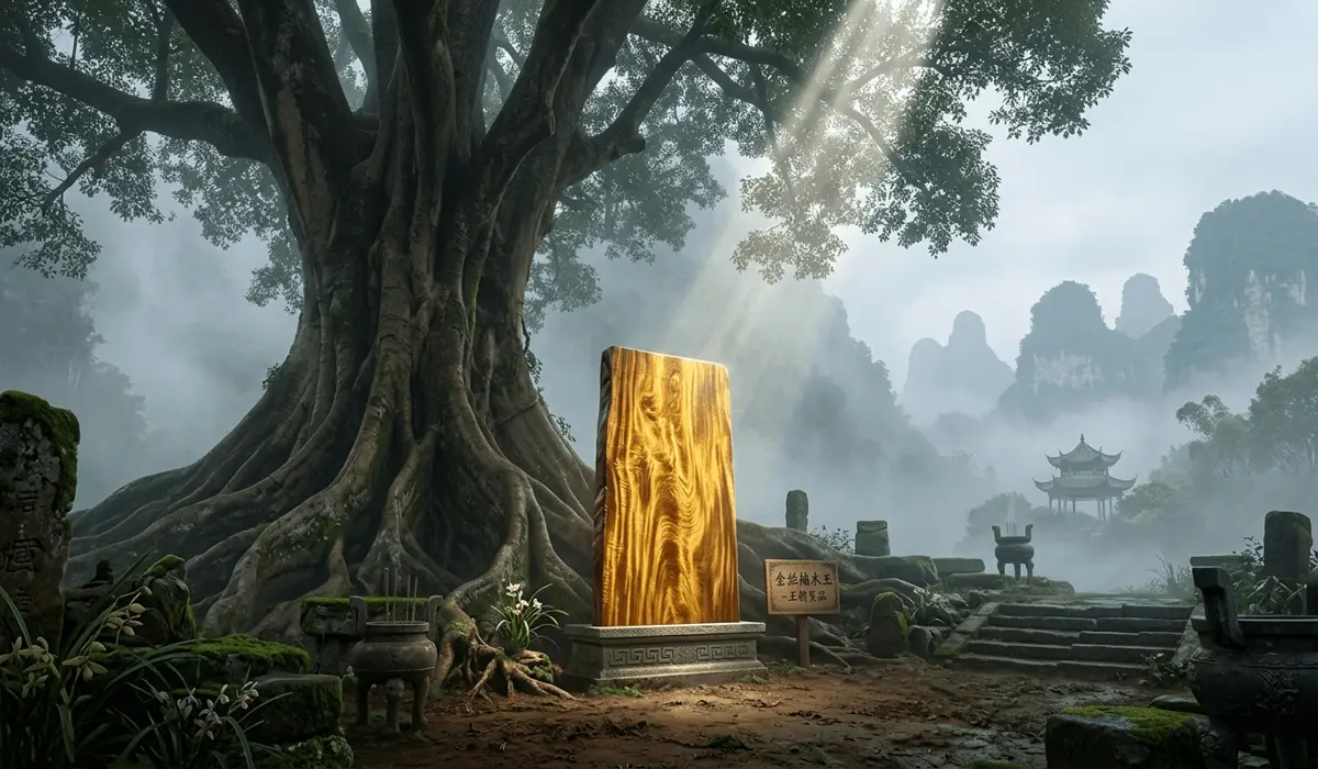 Ancient Phoebe zhennan tree in Sichuan mountains and a polished Golden Silk Nanmu wood slab showing shimmering golden grain.