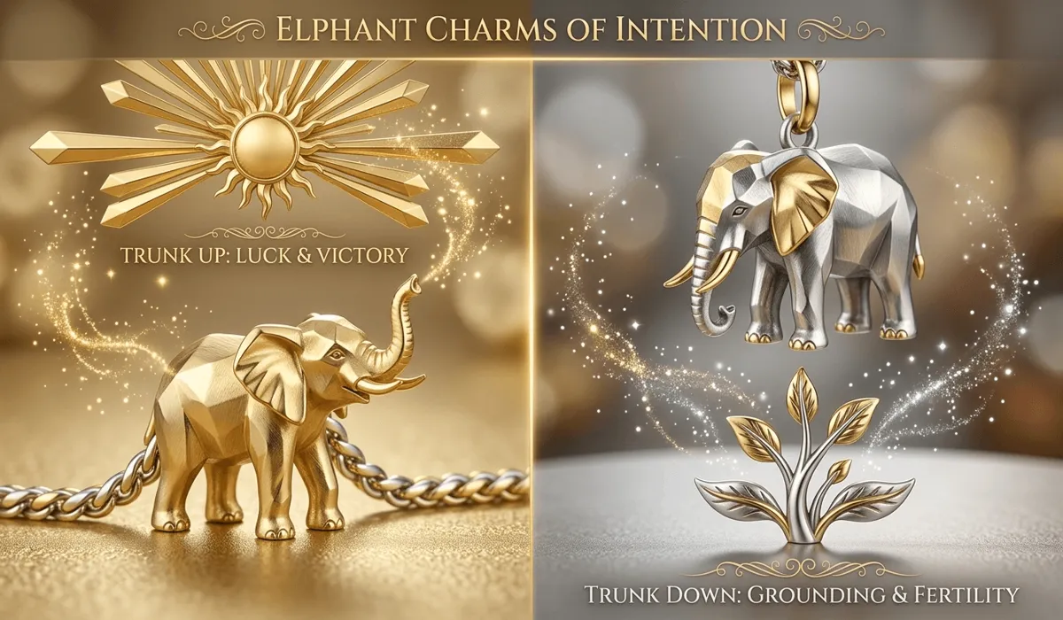 Comparison of trunk up and trunk down elephant charms showing luck versus grounding spiritual meanings.