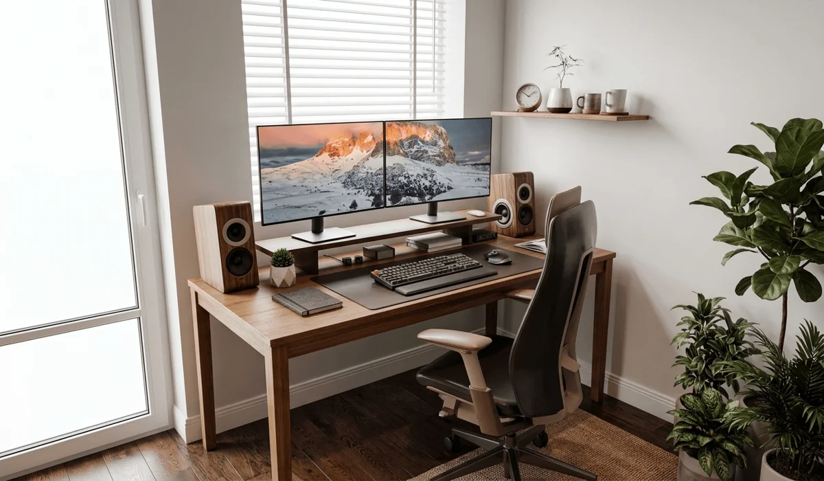 A modern and ergonomic home office workspace with dual monitors and natural sunlight to improve productivity.