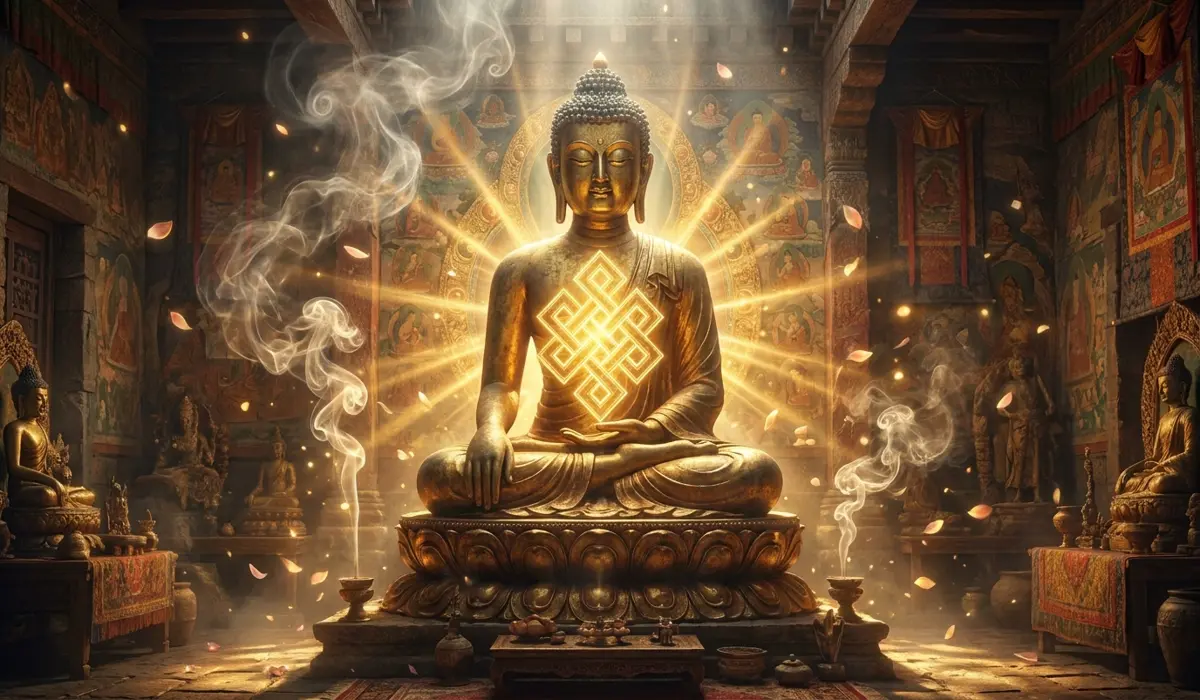 Ancient golden Buddha statue in a Himalayan temple with a glowing Eternal Knot symbol over the heart center, representing sacred legends and divine origins.