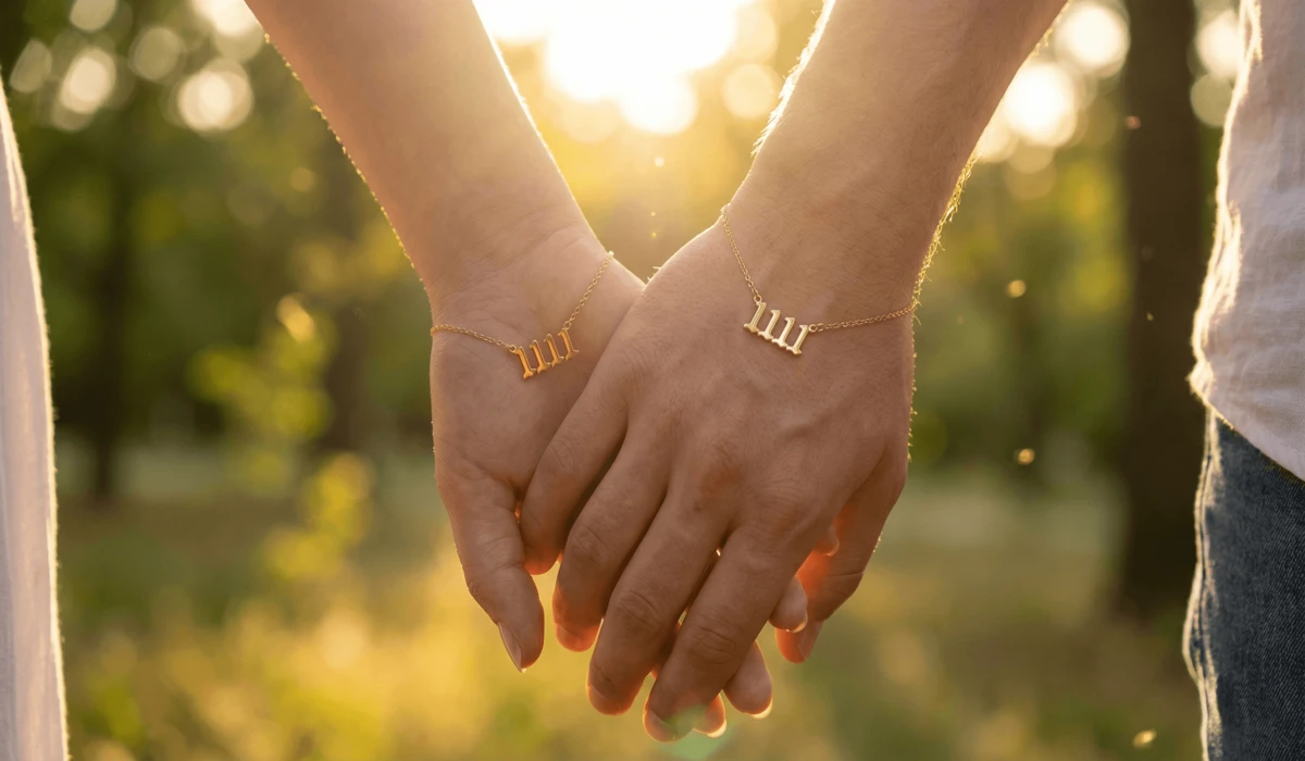 Two people holding hands wearing matching 1111 angel number necklaces symbolizing divine timing and soulmate connection.