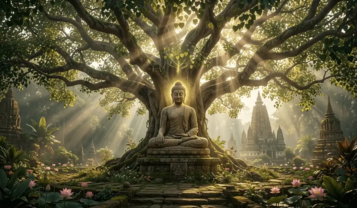 A serene Buddha statue under a Bodhi tree in a sacred garden, symbolizing the journey of enlightenment and ancient spiritual origins.