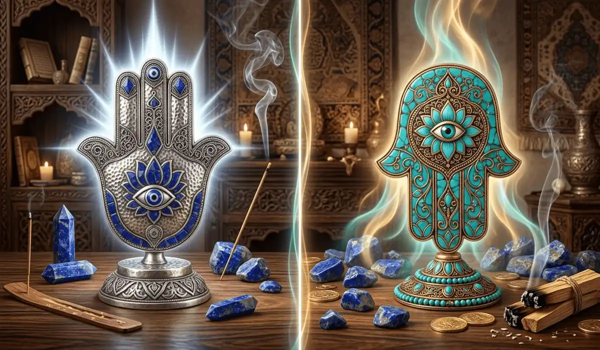 A comparison of the Hamsa Hand facing upward for protection and downward for blessings and abundance during a spiritual ritual.