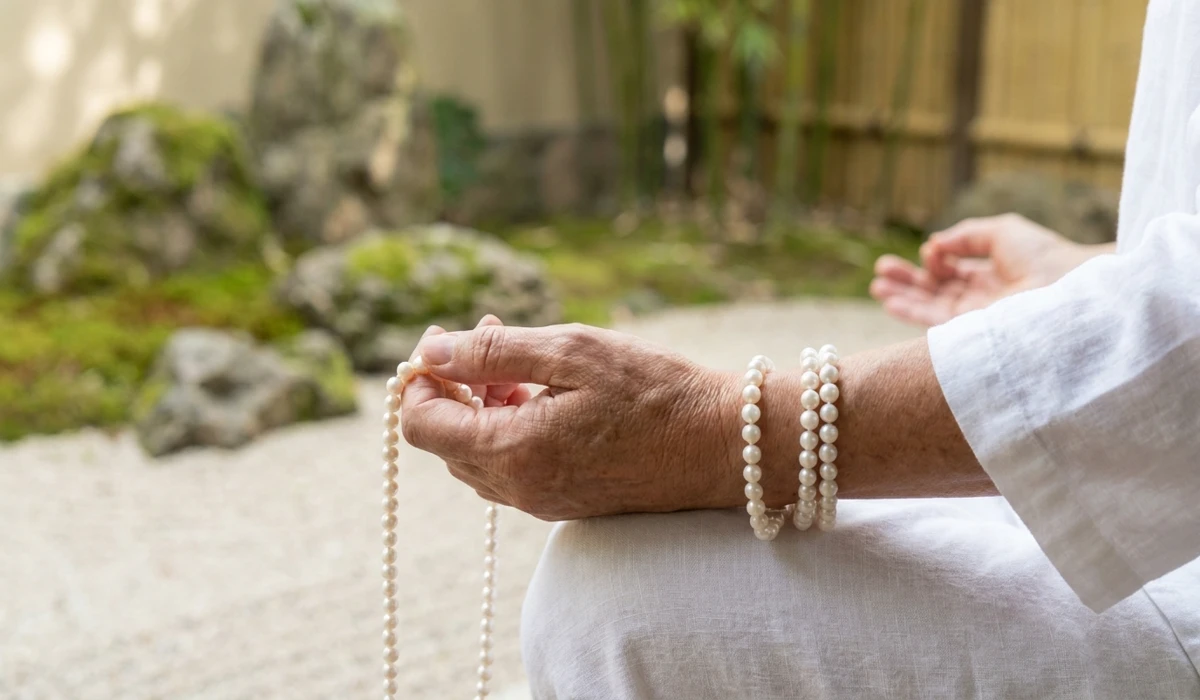 Close-up of hands using pearl mala beads for mantra recitation counting and spiritual grounding during meditation.