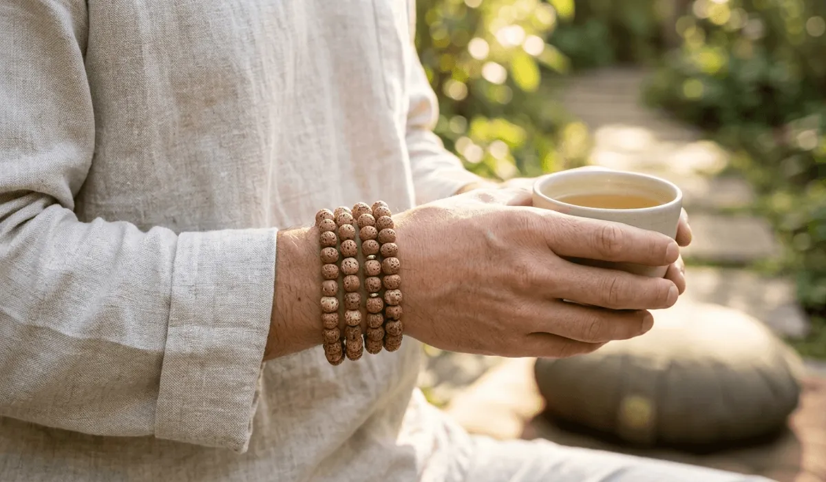 A person wearing a Bodhi seed mala wrapped around the wrist as a daily mindfulness reminder.