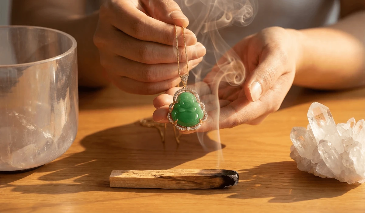 Cleansing a Buddha necklace using sacred smoke and crystals to refresh its spiritual energy.