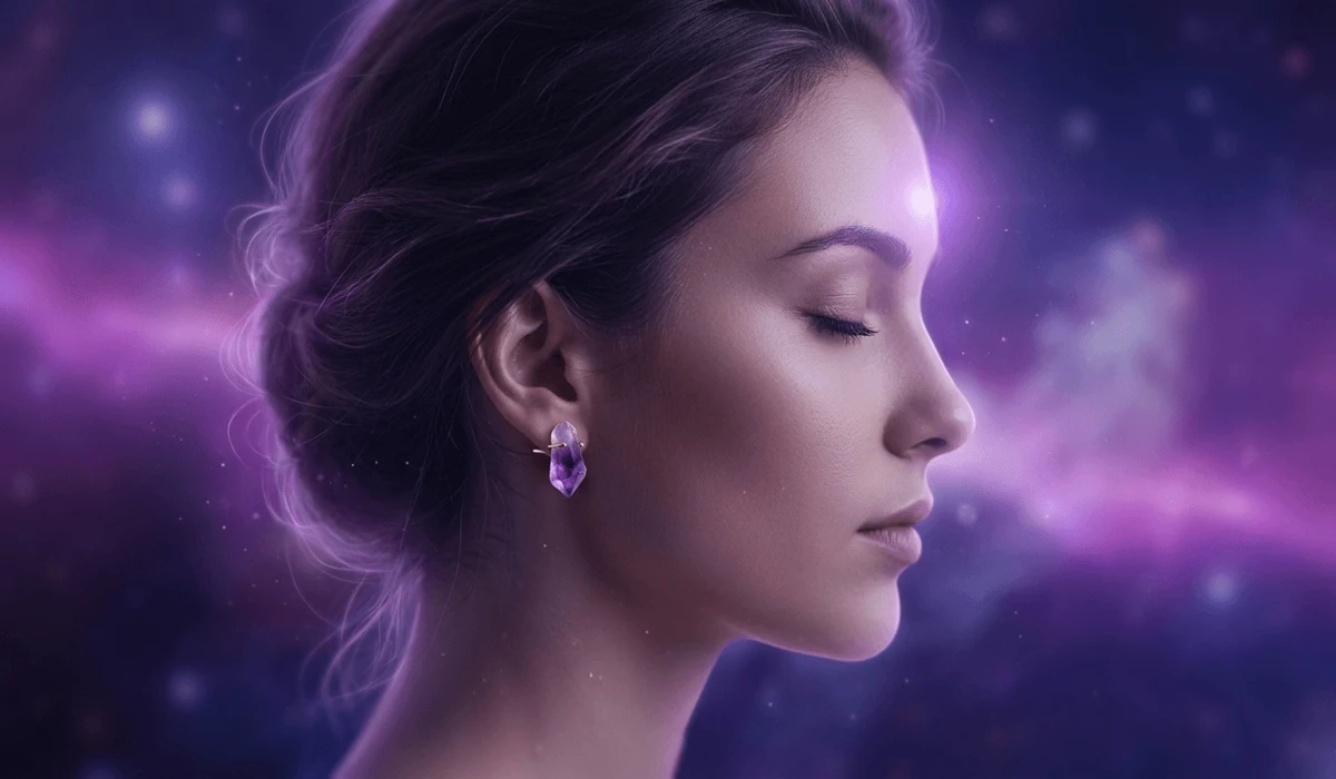 Ethereal representation of Amethyst earrings connecting to the Third Eye chakra for spiritual protection.