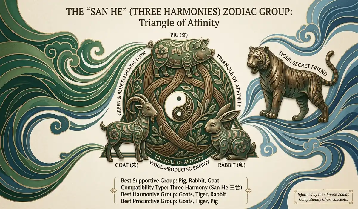 Chinese Zodiac compatibility chart visual showing the Pig with its allies Rabbit, Goat, and the secret friend Tiger for harmony and luck.