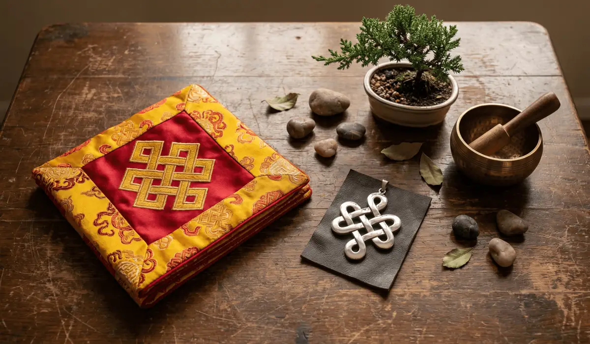 Comparison of a Tibetan Buddhist Endless Knot and a Celtic Knot symbol on an aged wooden surface showing cultural evolution.