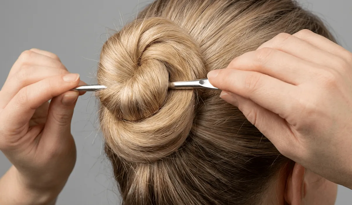 Close-up demonstration of the 180-degree flip technique used to secure a hair stick into a bun.