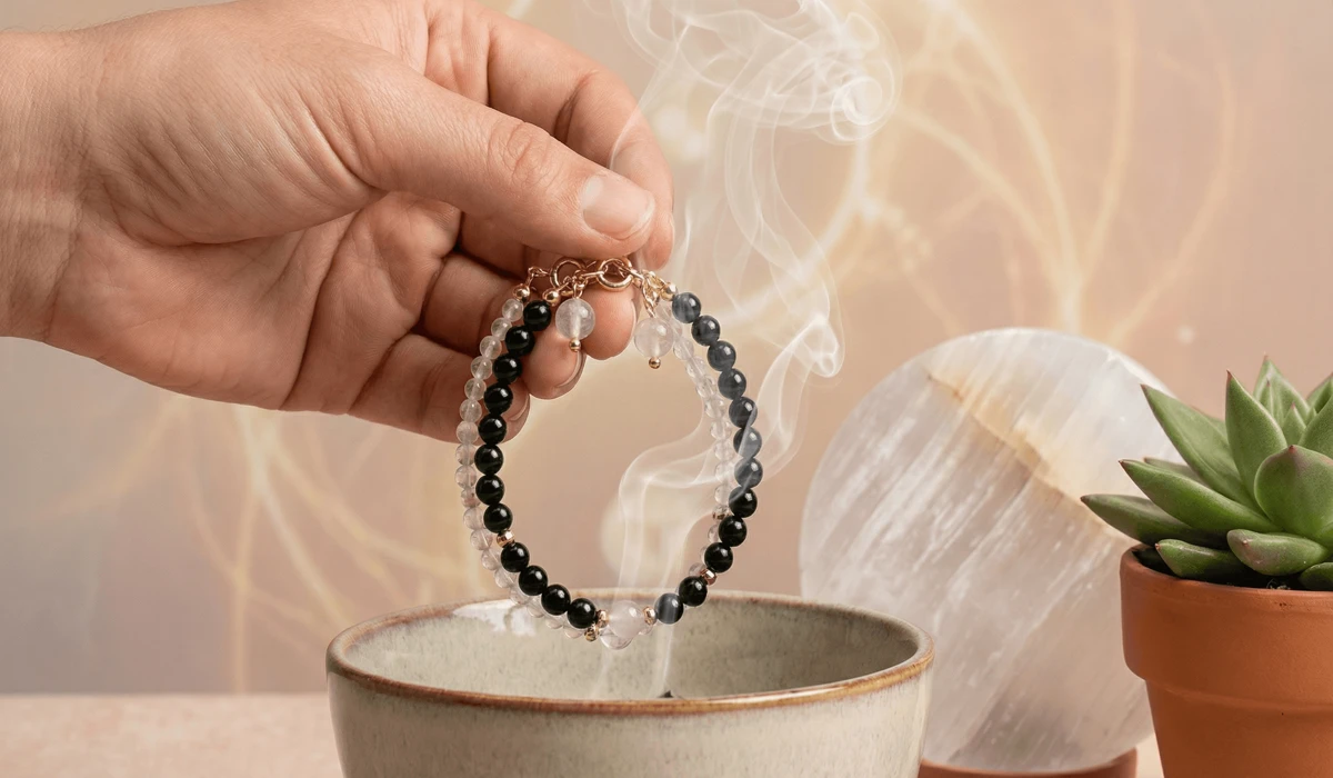 Cleansing a Yin Yang bracelet with sage smoke to remove negative energy and restore its spiritual balance.