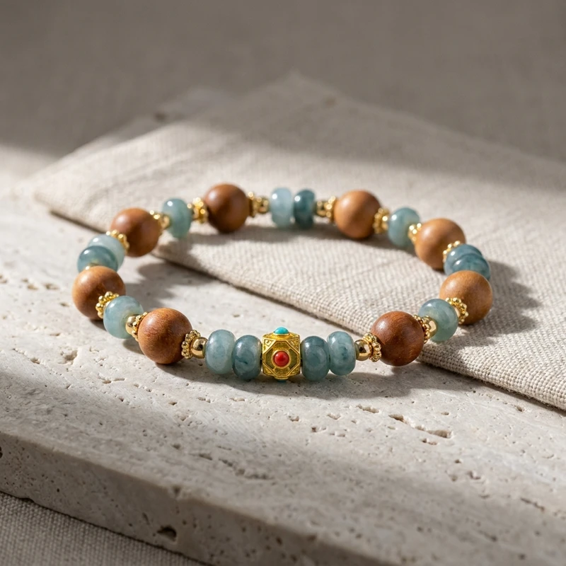 Blue Water Jade & Sandalwood Bracelet – Inner Peace & Timeless Elegance