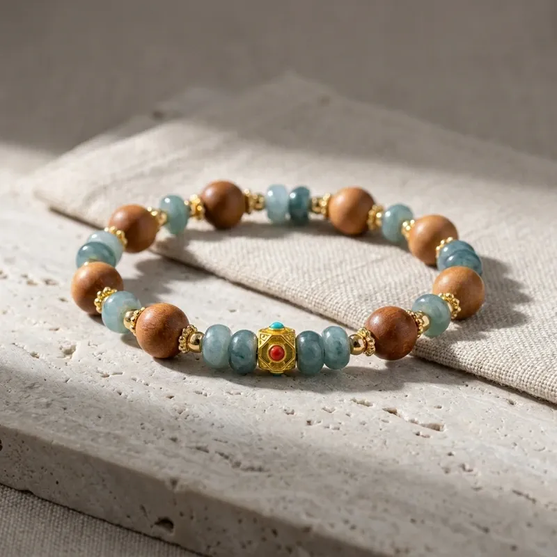 Blue Water Jade & Sandalwood Bracelet – Inner Peace & Timeless Elegance