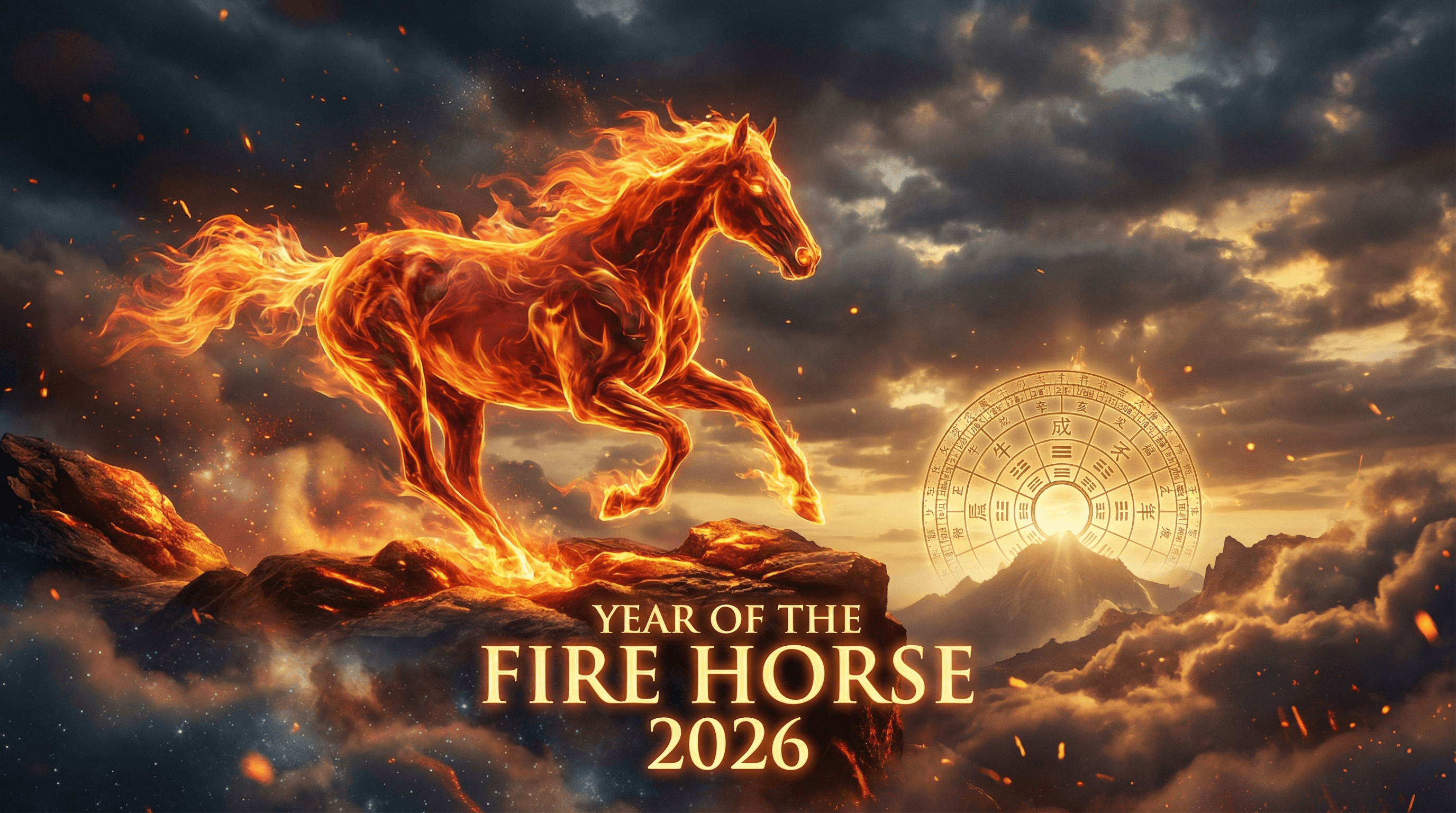 A cinematic wide-angle shot of a majestic horse made of orange and crimson flames representing the high-energy Fire Horse year 2026.