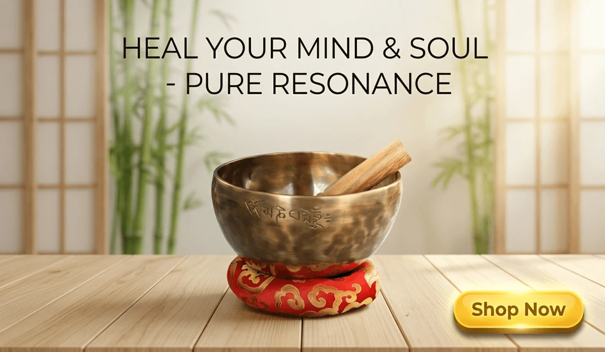 Authentic Handmade Nepalese Full Moon Singing Bowl for sound healing and meditation, featuring a Shop Now button for ecommerce blog content.
