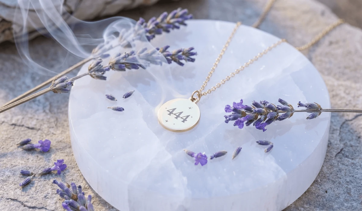 A 444 angel number necklace being cleansed on a selenite plate with sage smoke for spiritual energy maintenance.
