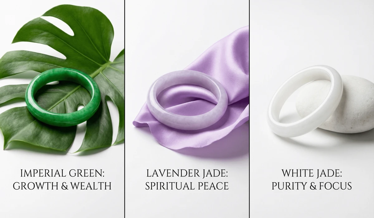 Comparison of green, lavender, and white jade bangles and their different symbolic meanings.