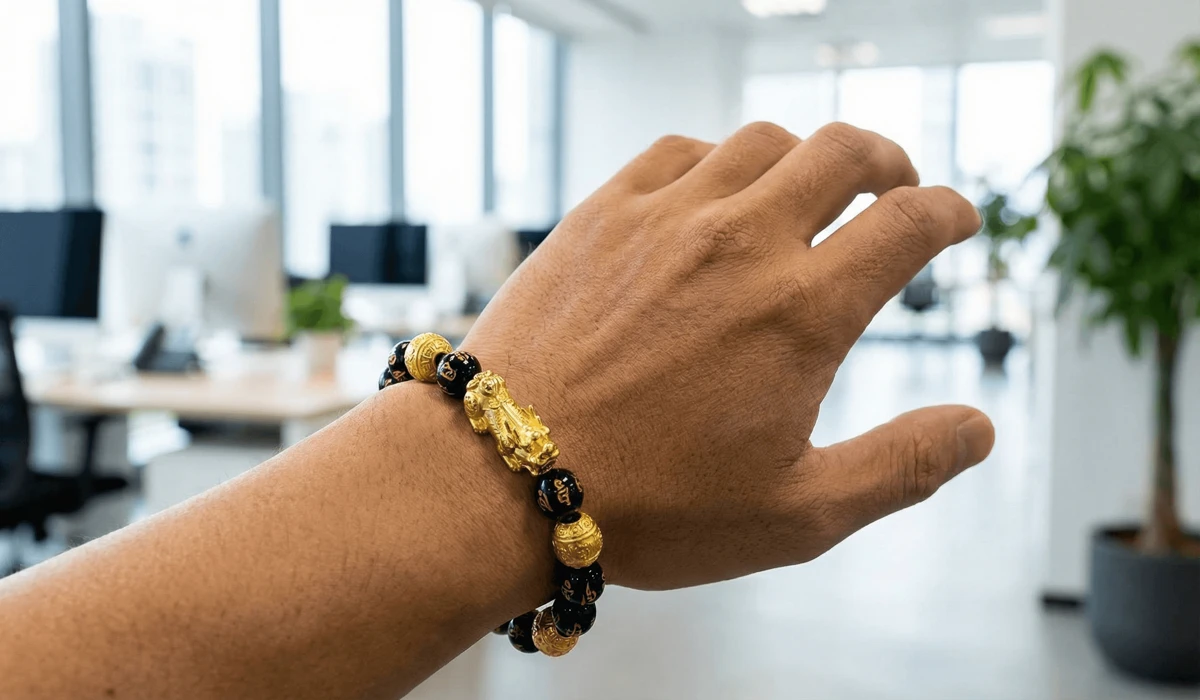 Correct way to wear a Pixiu bracelet on the left hand with the head facing outward to attract wealth.