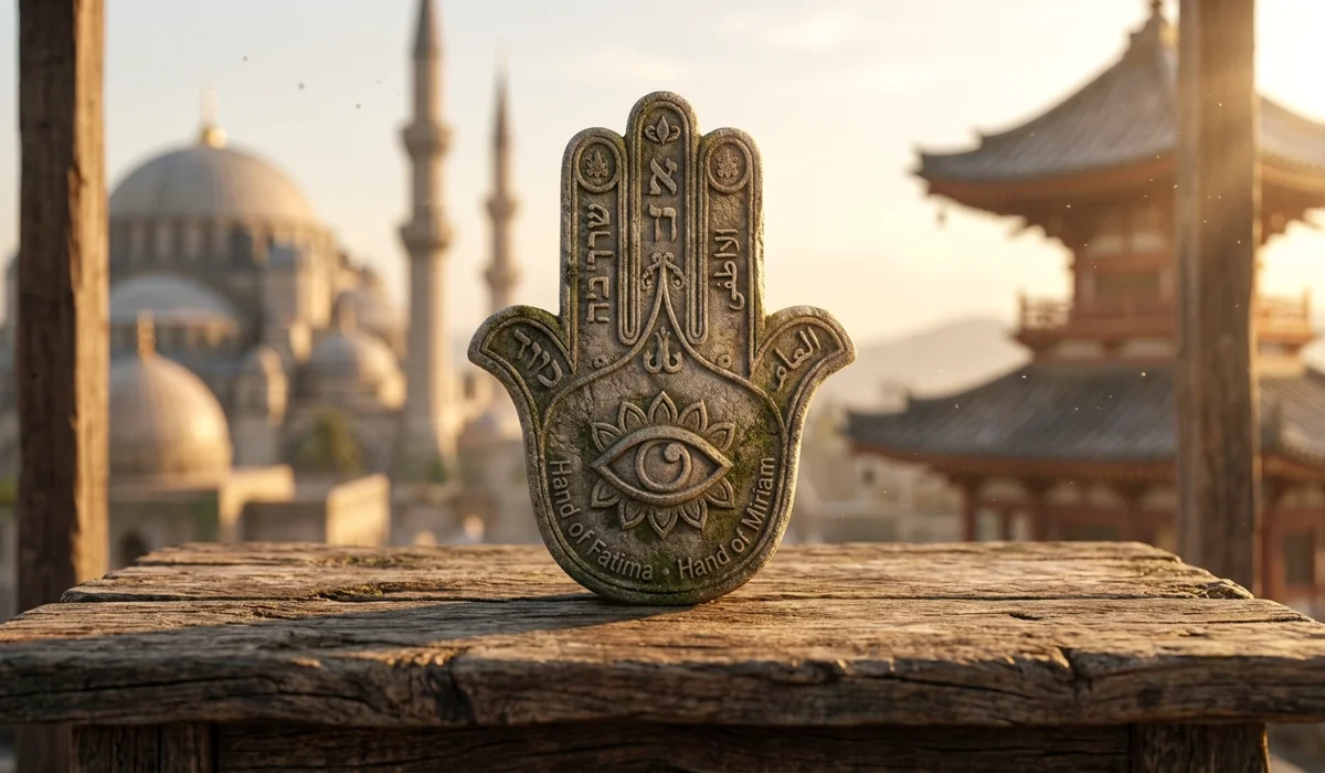 An ancient Hamsa Hand stone sculpture on a wooden altar, representing its origins in Islamic, Jewish, and Vedic traditions.