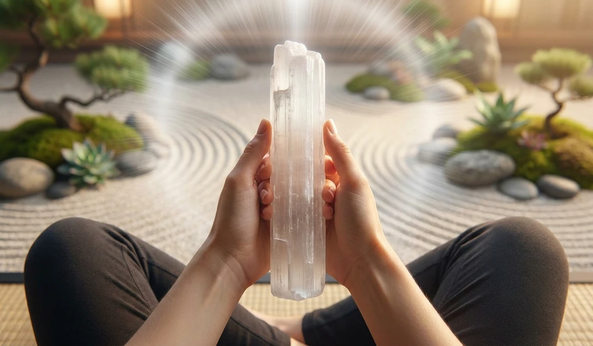 Person meditating with a Selenite wand to activate the Crown Chakra and purify their aura.