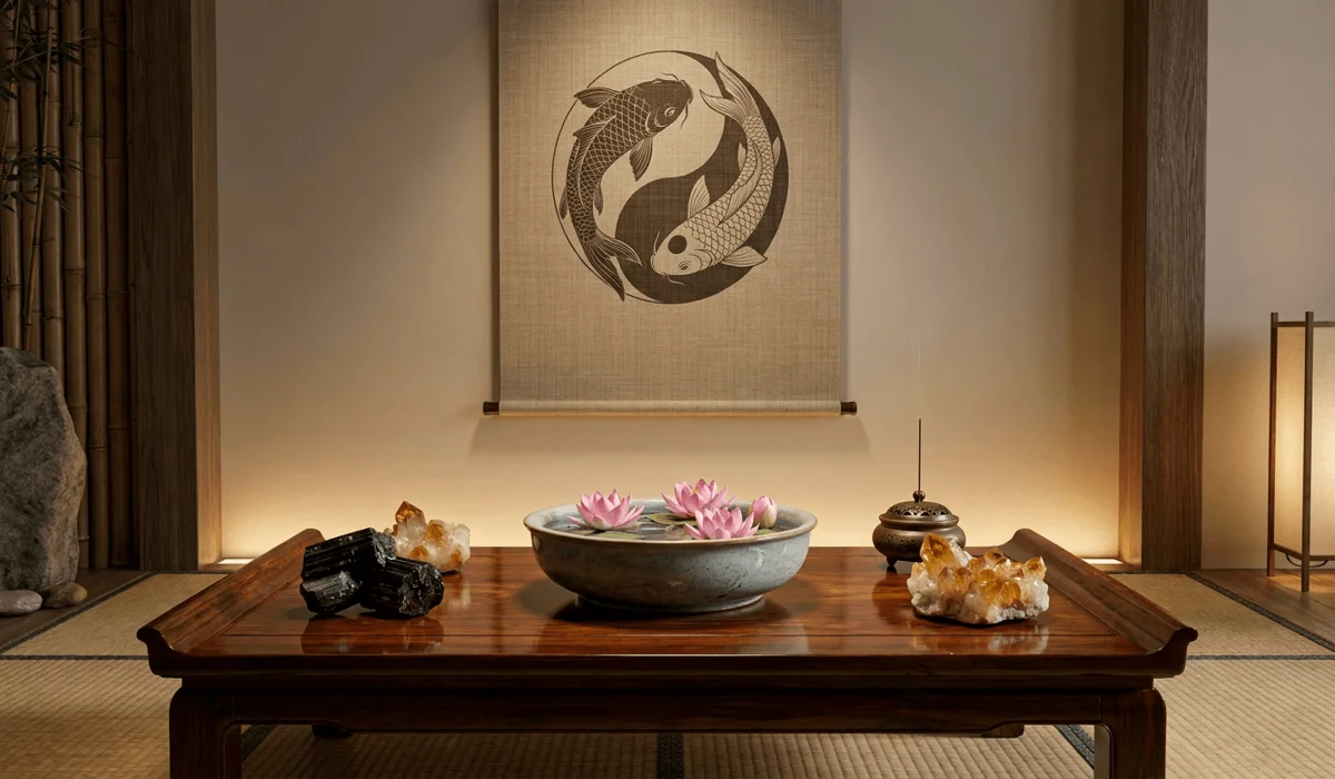 A peaceful zen meditation space featuring gemstones, water bowl, and koi fish artwork for Feng Shui and ritual practice.