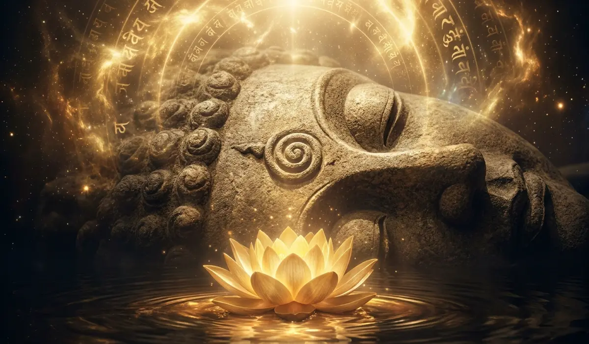 Ancient Buddha statue with Urna spiral and a glowing Lotus flower representing sacred origins and spiritual vision.