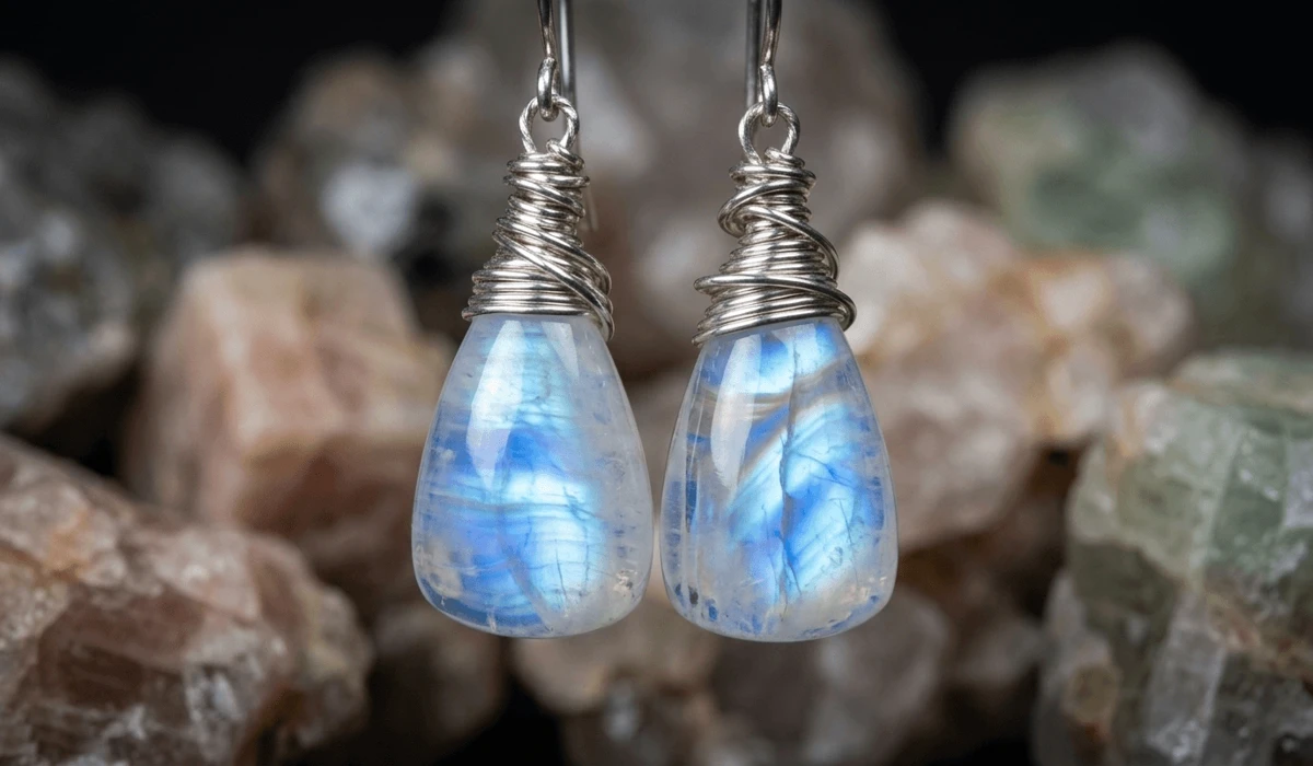 Macro shot of moonstone earrings showing blue adularescence and shimmering light effects.