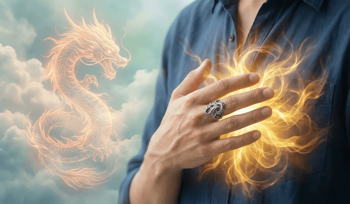 Spiritual visualization of dragon energy boosting the wearer's solar plexus chakra for confidence and inner strength.