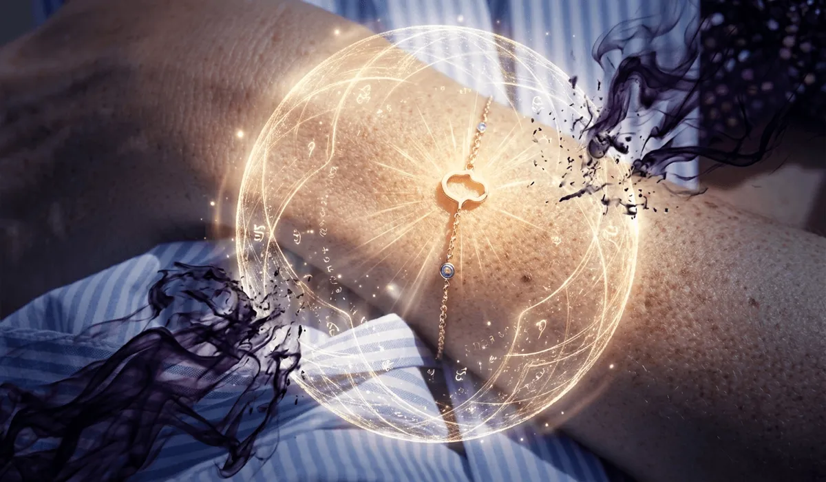 A woman wearing a Hamsa bracelet showing a golden energy shield blocking negative vibrations, illustrating the Hamsa hand's meaning of protection.