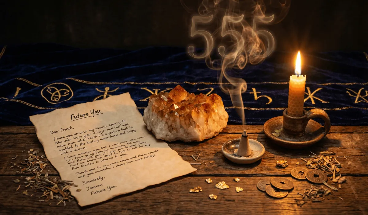 A manifestation ritual setup with a letter to the future self, citrine crystal, and 555 smoke shapes for manifesting wealth and change.