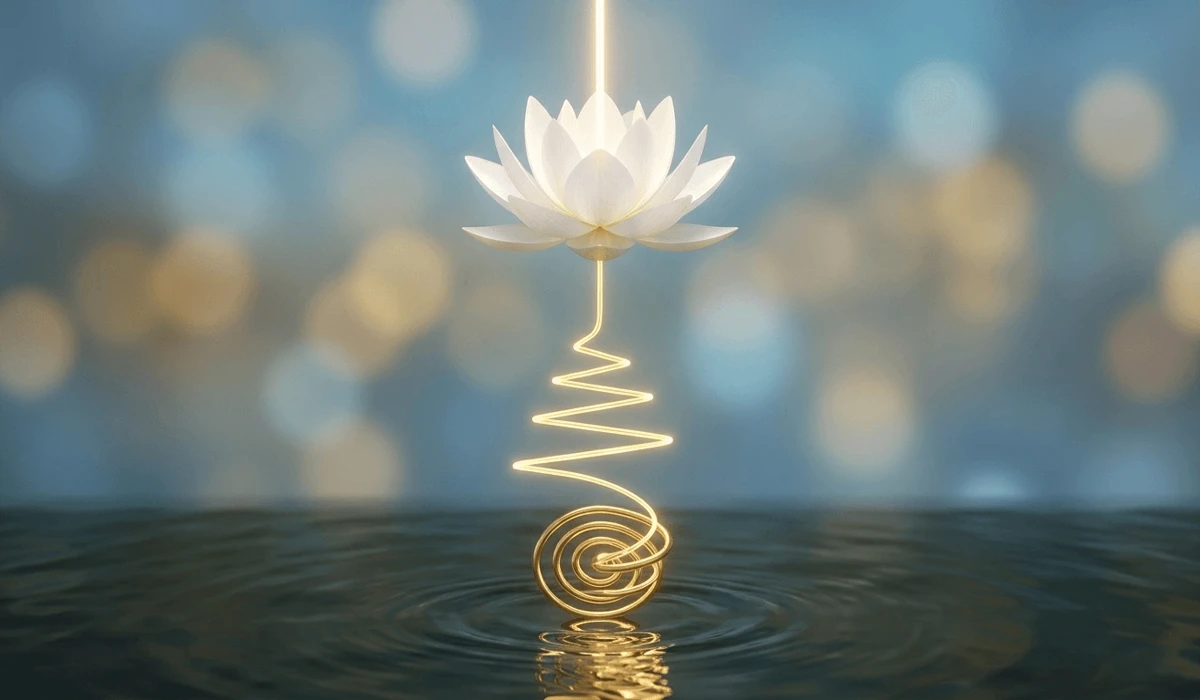 The Unalome symbol transition from a chaotic spiral to a straight line of Dharma ending in a blooming Lotus.