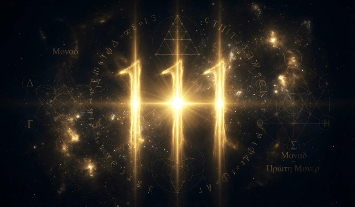 Symbolic representation of the Pythagorean Monad and the 111 angel number sequence in sacred geometry.