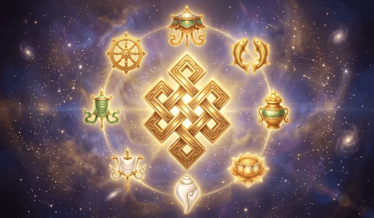 The golden Endless Knot at the center of the center of the Eight Auspicious Symbols representing the union of wisdom and compassion.