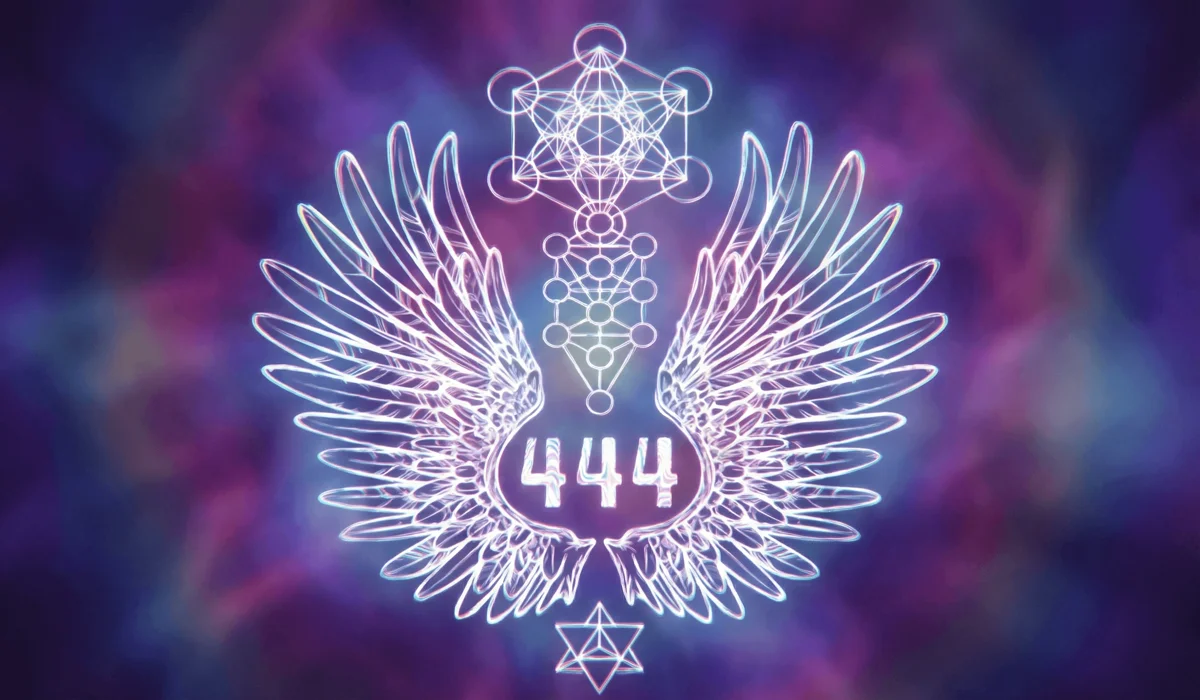 Sacred geometry pattern with glowing angel number 444 illustrating the vibrational frequency and hidden philosophy of divine messages.