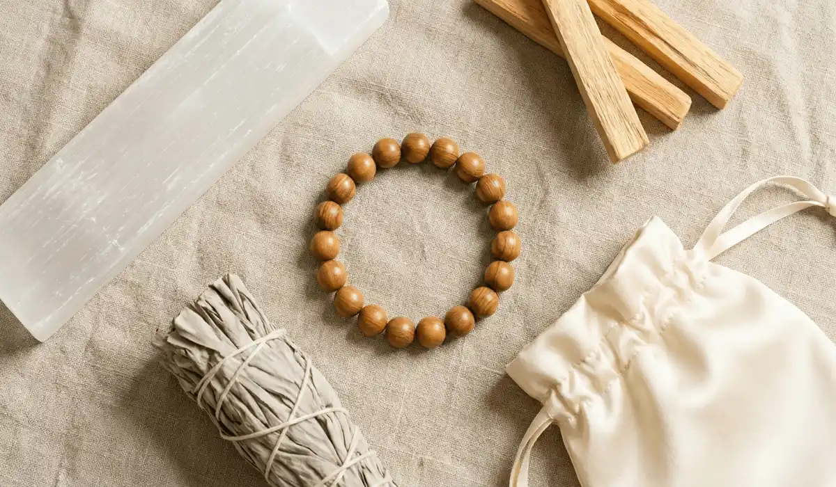 A flat-lay of a sandalwood bracelet being cleansed with sage and charged on a selenite crystal plate for energy maintenance.