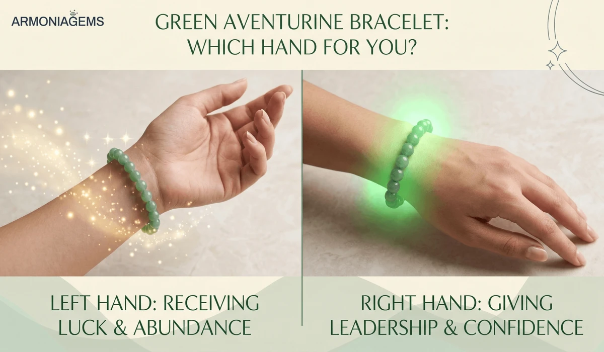 Comparison of wearing a Green Aventurine bracelet on the left hand for receiving luck vs. the right hand for leadership.