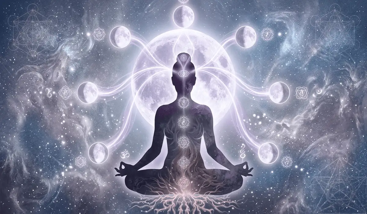 Digital art representing the connection between feminine energy, the lunar cycle, and the third eye chakra.