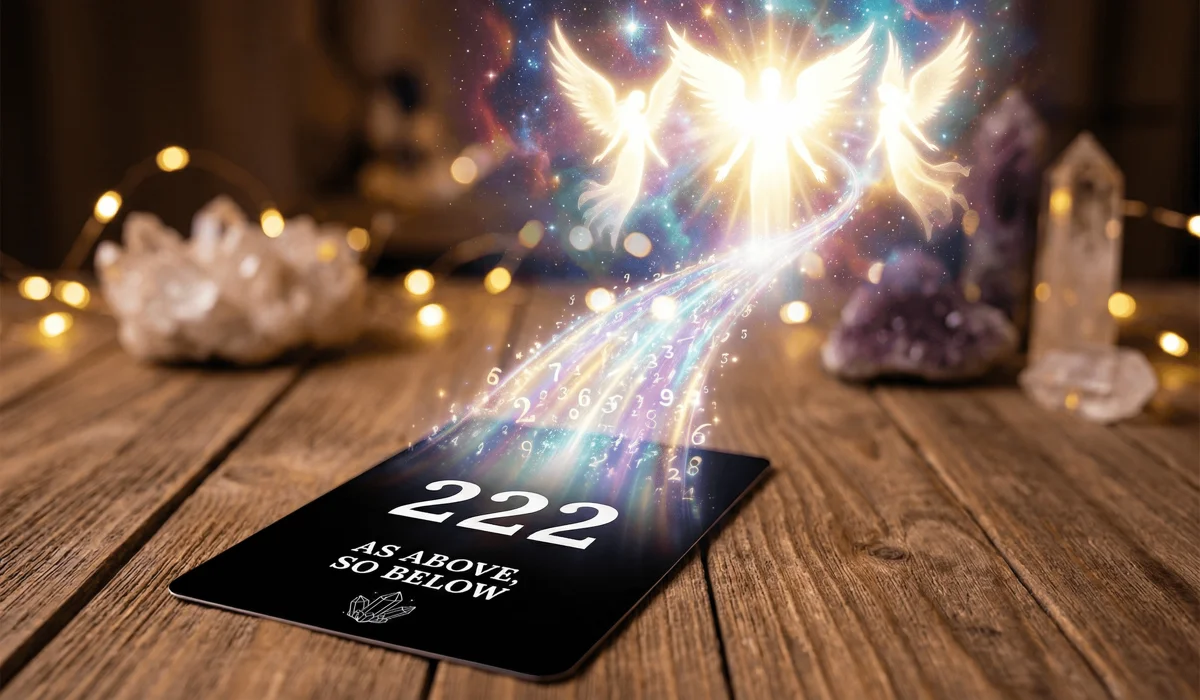 An Angel Number oracle card acting as a vibrational bridge between the physical world and a high-frequency spiritual dimension.