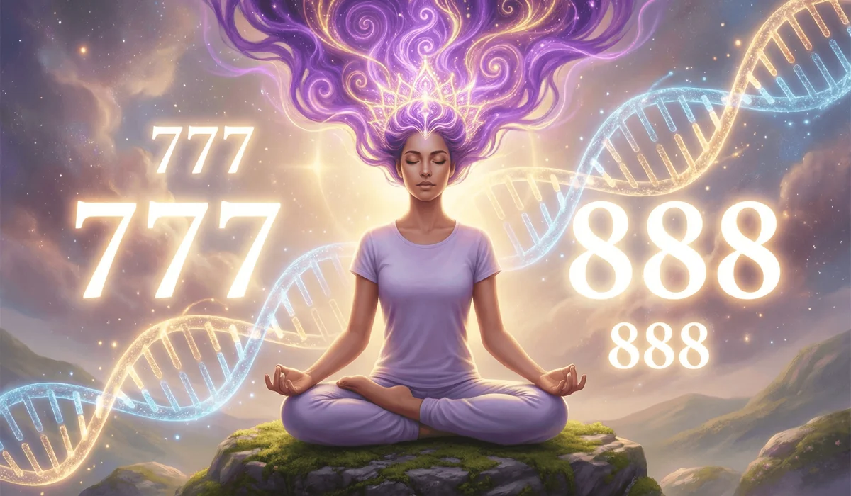A person meditating on angel numbers 777 and 888 to activate DNA light codes and expand spiritual consciousness.