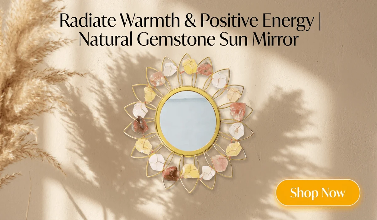 Sun-shaped wall mirror with natural citrine and agate crystals framed on a warm boho wall, featured in a home decor blog with a Shop Now button