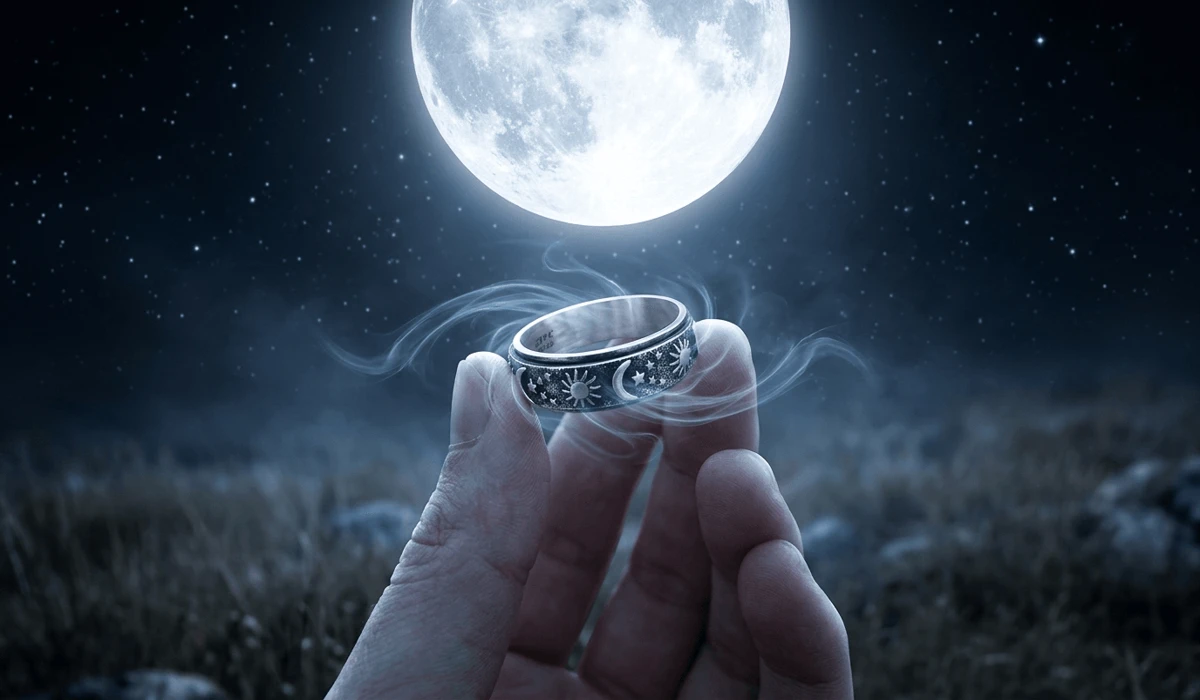 Silver spinner ring glowing under moonlight symbolizing lunar energy flow and spiritual connection.