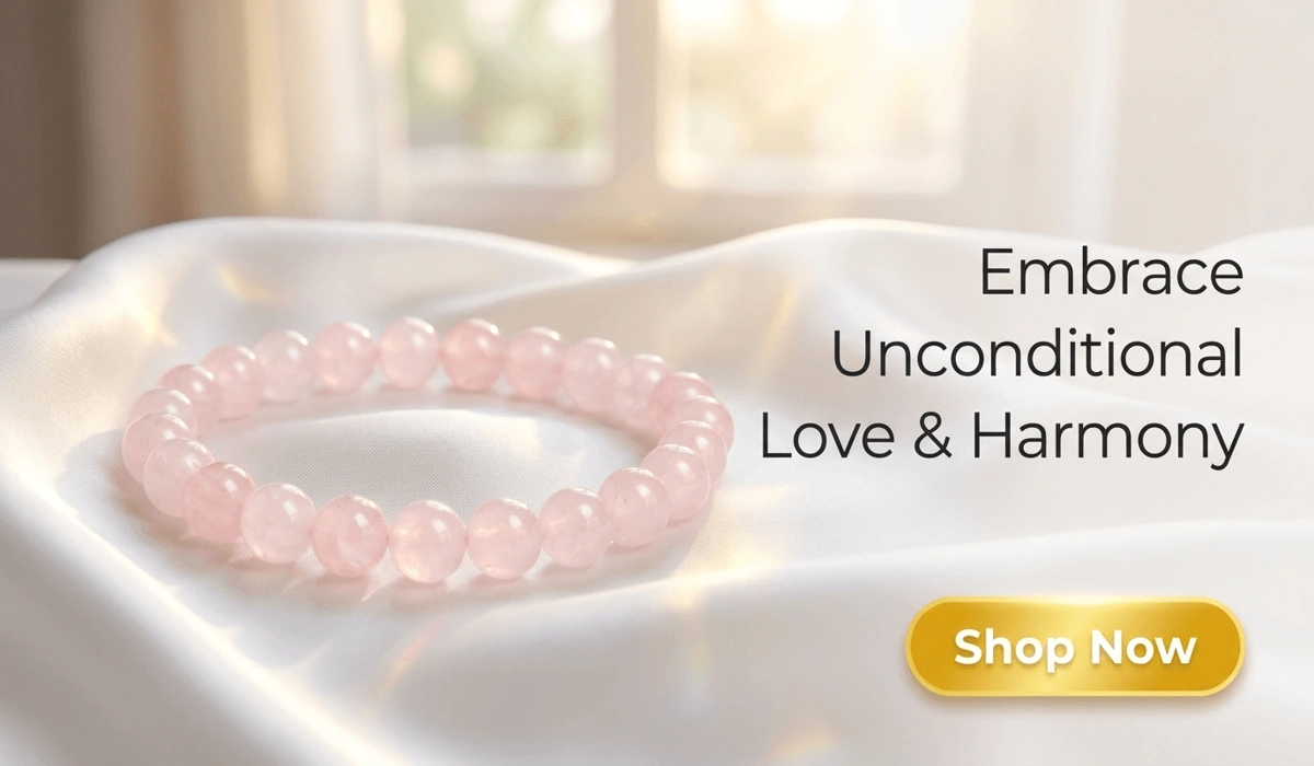 Rose Quartz Beaded Bracelet for Love and Emotional Harmony on white silk background with Shop Now button - Premium Crystal Healing Jewelry